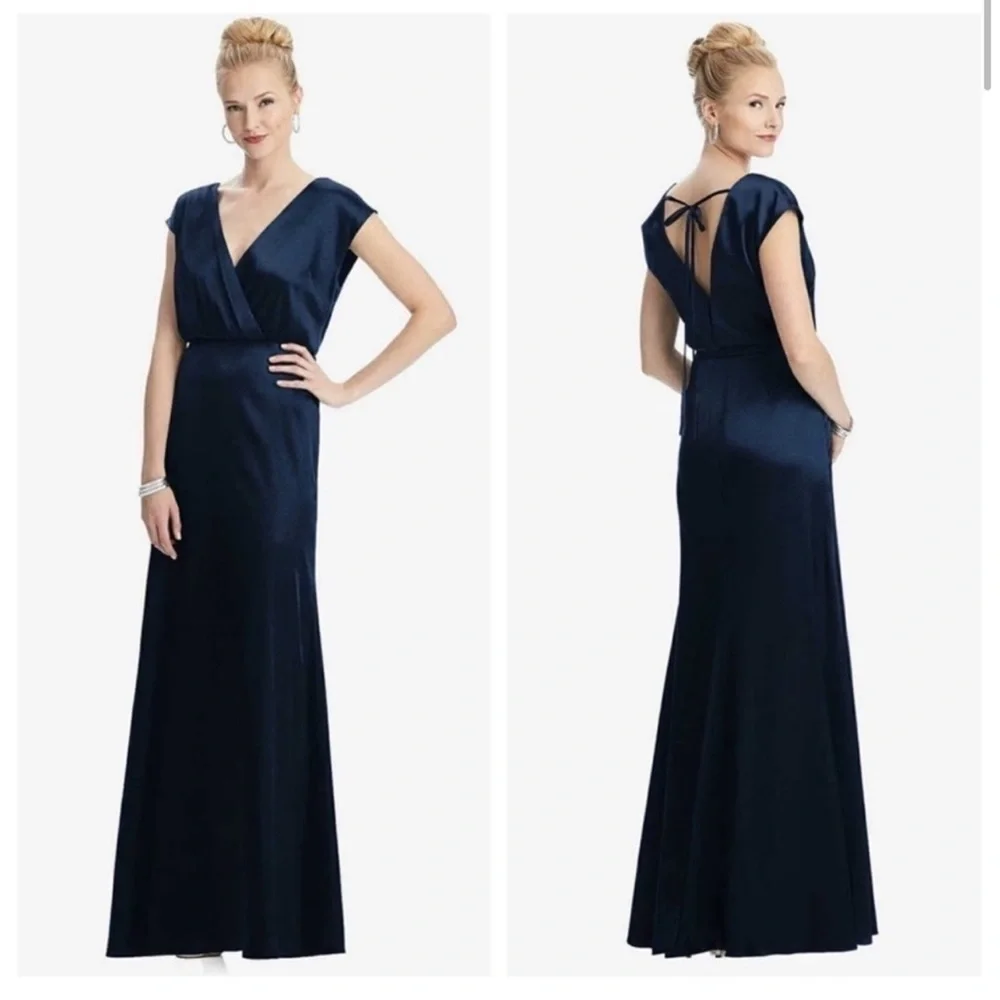Dessy Collection V Neck Stretch Satin Charmeuse Gown In Midnight Blue